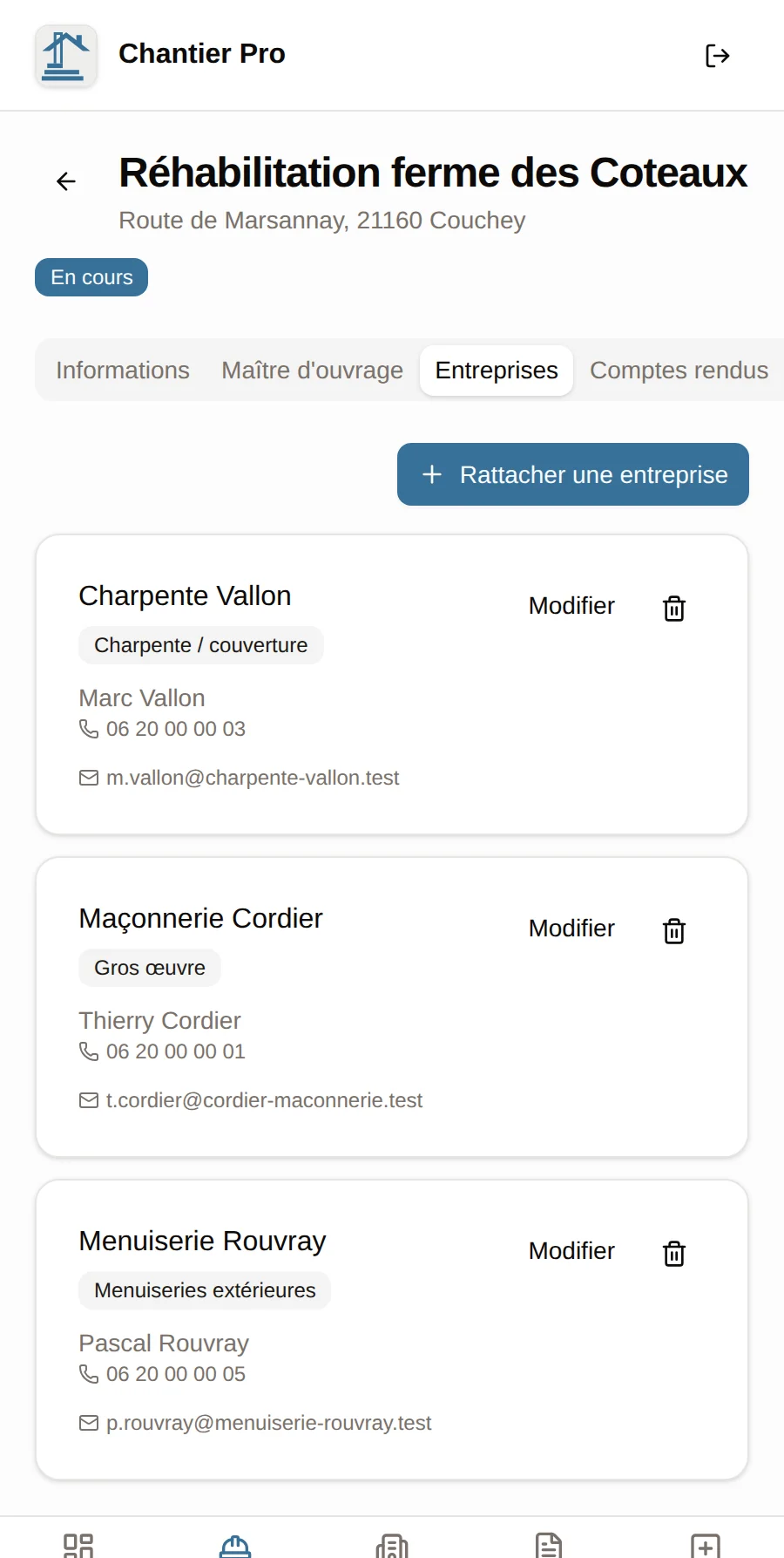 Chantier Pro — La fiche chantier : entreprises, comptes rendus, travaux supplémentaires