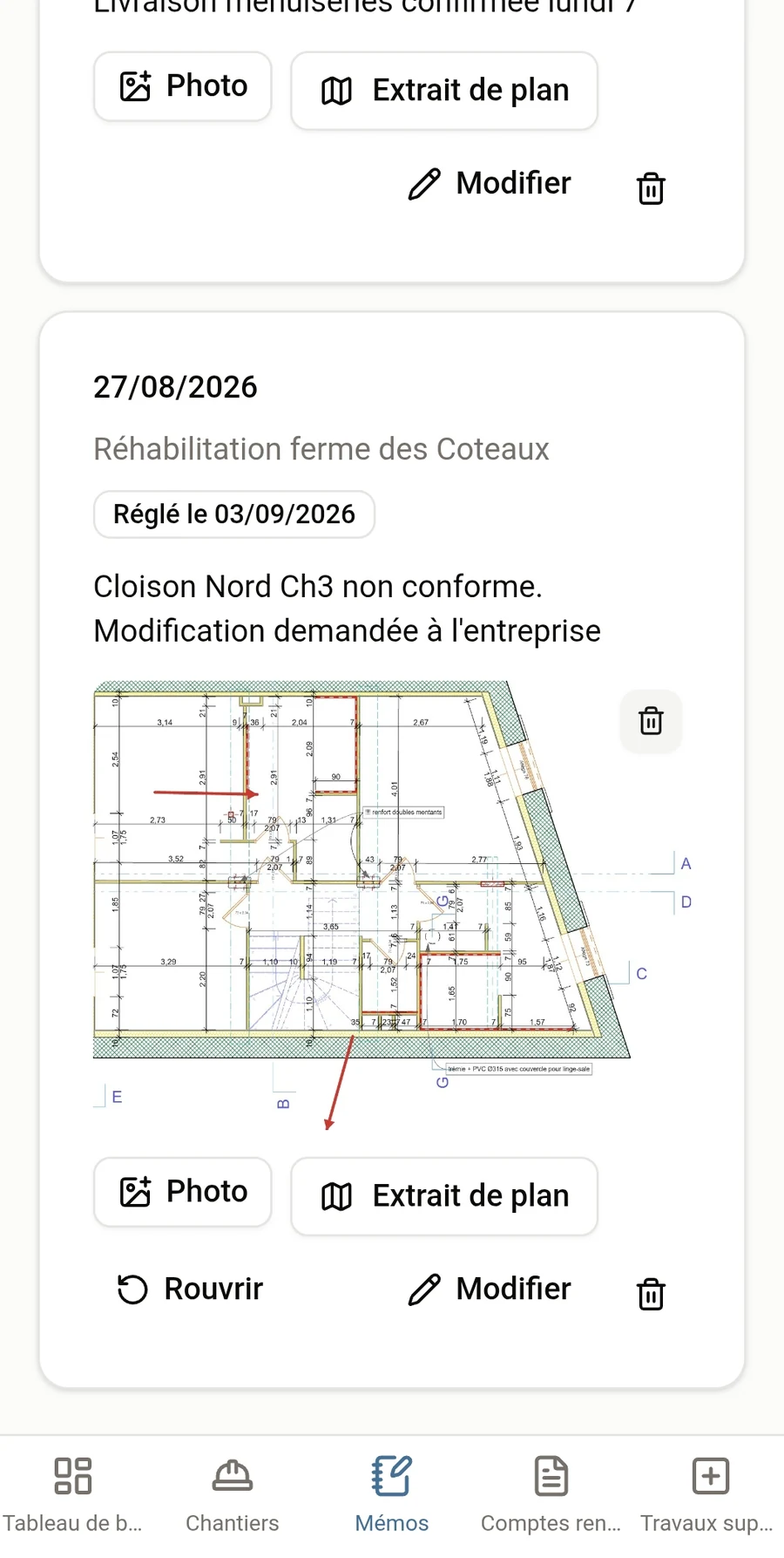 Chantier Pro — Un mémo réglé, avec l'extrait de plan annoté qui dit exactement où