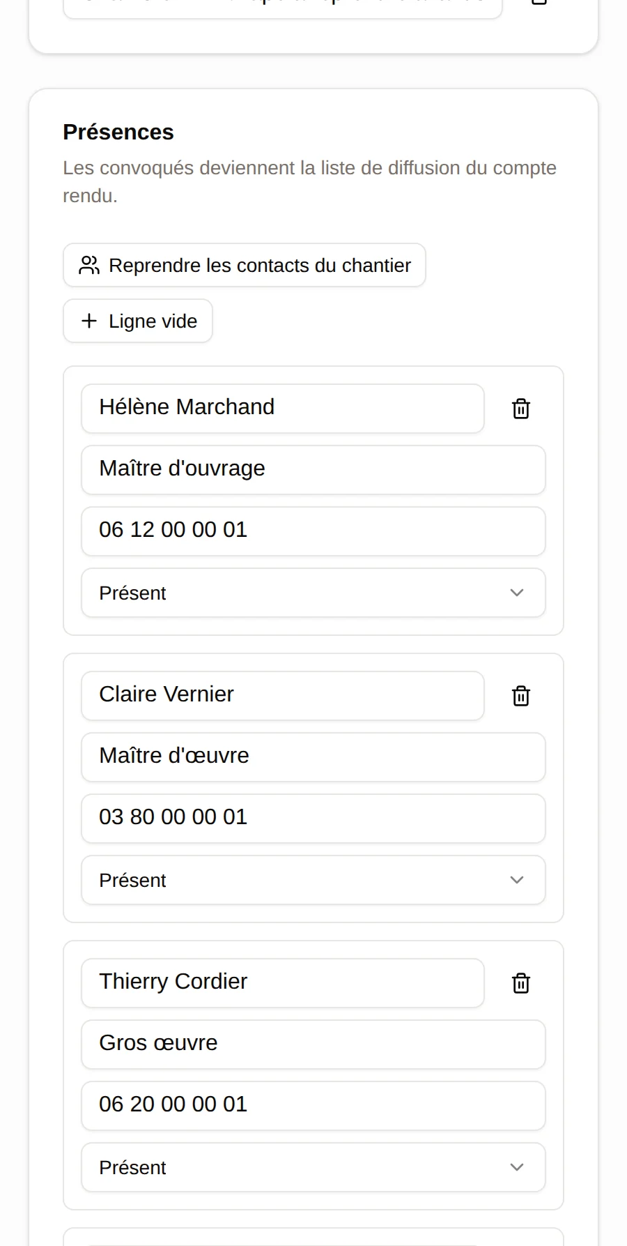 Chantier Pro — Les présences relevées et les observations de visite