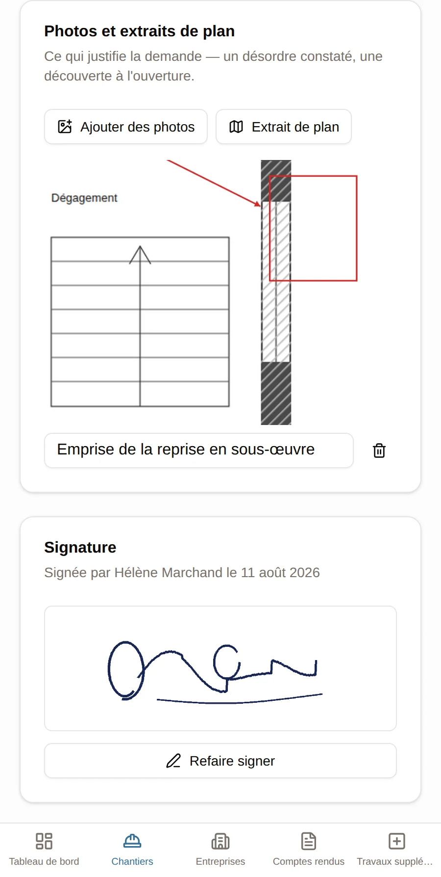 Chantier Pro — La demande de travaux supplémentaires, signée sur place