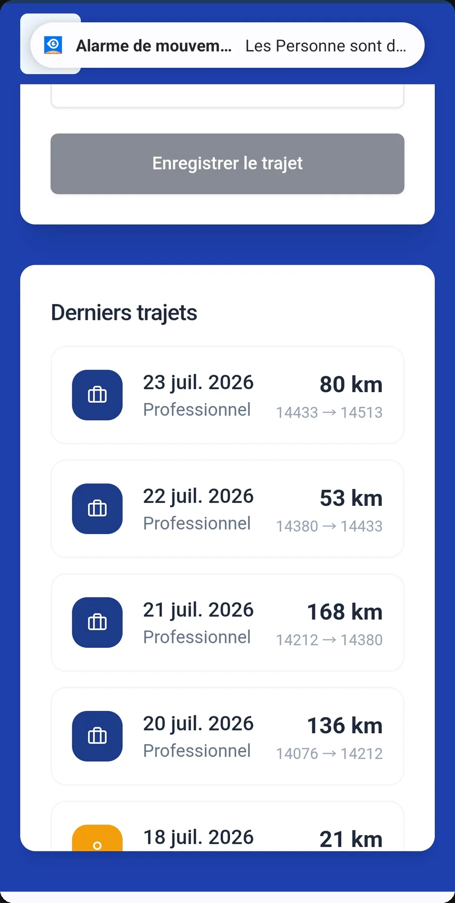 KM Report — L'historique des derniers trajets
